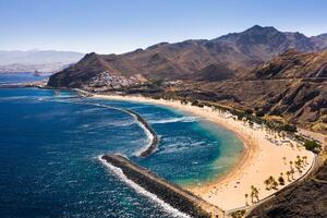 Top view of Las Teresitas beach with yellow sand. Near the city of Santa Cruz de Tenerife, Tenerife, Canary Islands photo