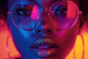 AI generated A close-up portrait of the face of a fashionable African woman in a colored headdress photo