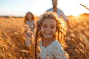 AI generated A happy family in a field at sunset photo