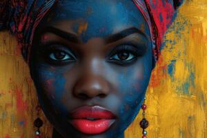 ai generado un de cerca retrato de el cara de un de moda africano mujer en un de colores tocado foto