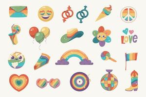 Set of retro LGBT icons. Rainbow stickers in style of groovy, boho. Vector illustration for Pride Day, Pride Month, June parade