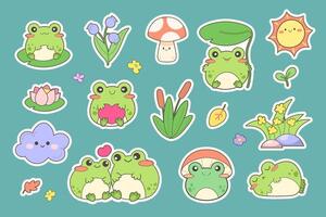 Set of kawaii anime stickers with swamp flora and fauna. Frog, dragonflies, reeds, water lilies, grass. Cute faces for children. Vector illustration