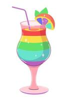 Rainbow cocktail in glass with slice of lemon and straw. Vector illustration of isolated object