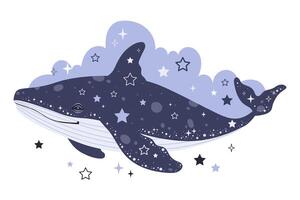 Celestial starry blue whale, dreaming with whale. Vector monochrome illustration, tattoo idea for children in flat style