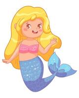 Cute little blonde mermaid with long hair and blue fishtail. Vector illustration in childish style for baby shower, goods, clothes