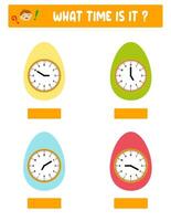 What time is it. Learning time on the clock. Educational activity worksheet for kids and toddlers. Preschool game. Puzzle with clock .   Education Game for Children. vector