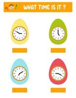 What time is it. Learning time on the clock. Educational activity worksheet for kids and toddlers. Preschool game. Puzzle with clock .   Education Game for Children. vector