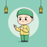 Cute Muslim child character with both index fingers forward vector