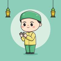 cute muslim child character with both hands praying vector