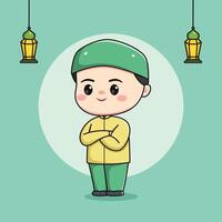 cute muslim child character with crossed arms vector