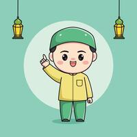 Cute Muslim child character with index finger up vector