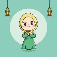 cute muslim girl character with both hands on his chest vector