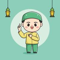 Cute Muslim child character with index finger up vector