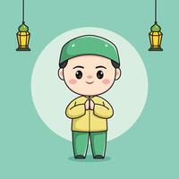 cute muslim child character with both hands vector