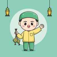 cute muslim child character holding ketupat vector