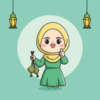 Cute muslim girl character holding ketupat vector