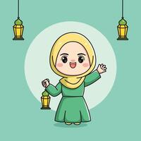 Cute muslim girl character holding lantern vector