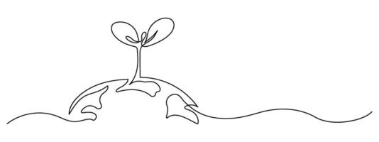 Plant sprout growing on Earth single line art drawing Ecology and saving planet concept illustration vector