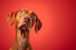 AI generated Close-up of a Hungarian fold-eared dog on a red background photo