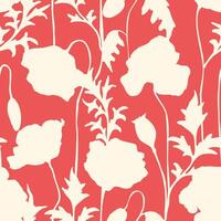 Poppy silhouette floral seamless pattern flowers and leaf botanical endless print on red background vector