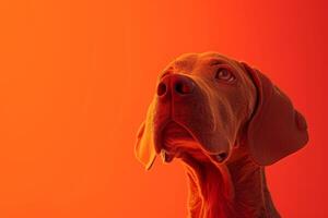 ai generado de cerca de un húngaro orejas dobladas perro en un rojo antecedentes foto