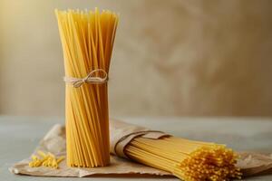 AI generated raw whole grain spaghetti on the table photo