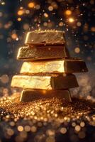 AI generated A stack of pure gold bars in gold dust on a black background. The concept of business and finance photo