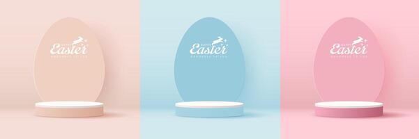 Happy Easter blue and pink background and paper art podium display for product presentation branding and packaging presentation. studio stage with eggs and rabbit background. vector design.