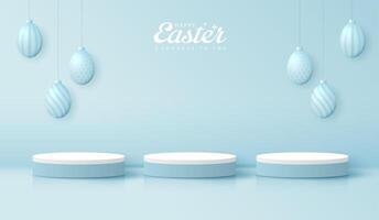 Happy Easter blue background and paper art podium display for product presentation branding and packaging presentation. studio stage with eggs and rabbit background. vector design.