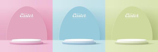 Happy Easter pink,blue and yellow background and podium display for product presentation branding and packaging presentation. studio stage with eggs and rabbit background. vector design.