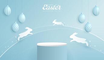 Happy Easter blue background and podium display for product presentation branding and packaging presentation. studio stage with eggs and rabbit background. vector design.