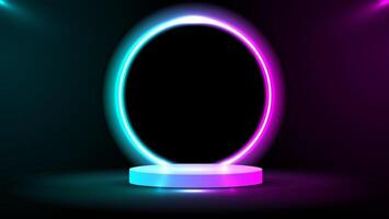 Podium or stand with line gradient neon in Sci-fi. abstract scene with pink and blue neon frame. vector rendering product display. futuristic minimal scene. vector design.