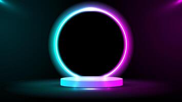 Podium or stand with line gradient neon in Sci-fi. abstract scene with pink and blue neon frame. vector rendering product display. futuristic minimal scene. vector design.