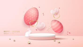 Happy Easter pink background and podium display for product presentation branding and packaging presentation. studio stage with eggs and rabbit background. vector design.