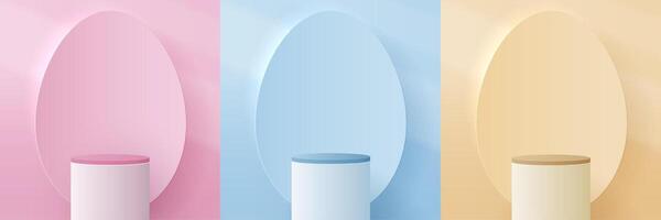 Happy Easter pink,blue and yellow background and podium display for product presentation branding and packaging presentation. studio stage with eggs and rabbit background. vector design.