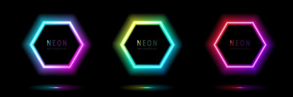 Set of neon light hexagon shape frames design on a dark background. gradient glowing borders. elements valentine day festival design. colorful futuristic Valentines Day. vector design.