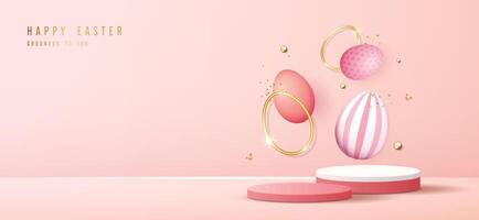 Happy Easter pink background and podium display for product presentation branding and packaging presentation. studio stage with eggs and rabbit background. vector design.