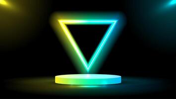 Podium or stand with triangle line gradient neon in Sci-fi. abstract scene with yellow and blue neon frame. vector rendering product display. futuristic minimal scene. vector design.