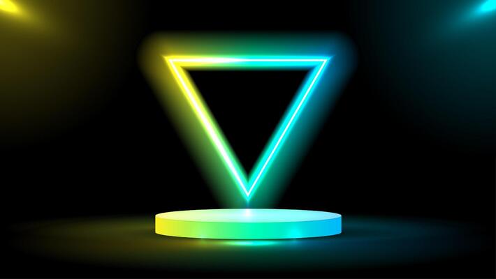 Podium or stand with triangle line gradient neon in Sci-fi. abstract scene with yellow and blue neon frame. vector rendering product display. futuristic minimal scene. vector design.