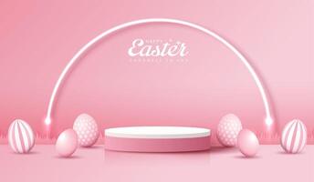 Happy Easter pink background and podium display for product presentation branding and packaging presentation. studio stage with eggs and rabbit background. vector design.