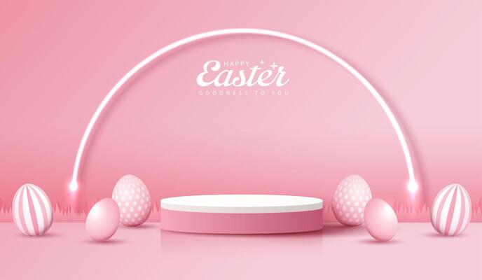 Happy Easter pink background and podium display for product presentation branding and packaging presentation. studio stage with eggs and rabbit background. vector design.