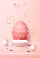 Happy Easter pink background and paper art podium display for product presentation branding and packaging presentation. studio stage with eggs and rabbit background. vector design.