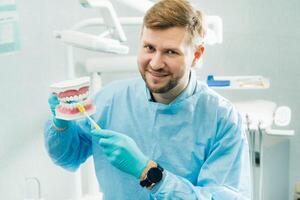 A model of a human jaw with teeth and a toothbrush in the dentist's hand photo