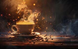 ai generado un cálido, atractivo taza de café emite vapor en un rústico de madera mesa en medio de dispersado café frijoles, con un bokeh ligero fondo foto