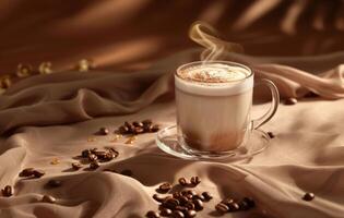 AI generated A warm and inviting cup of latte art on a saucer surrounded by coffee beans, exuding steam, set against a soft, textured backdrop photo