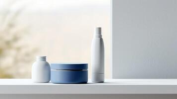 AI generated A trio of sleek cosmetic bottles with a minimalist design on a muted backdrop, perfect for branding photo