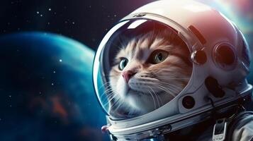 AI generated A cat in an astronaut helmet gazes into space, with cosmic backgrounds of stars and nebulae. The image displays a creative blend of sci-fi and pet themes photo