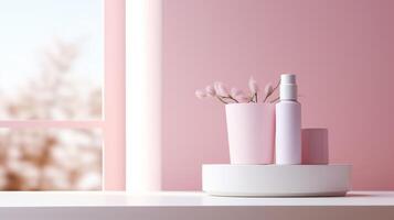 AI generated A serene cosmetic mockup with a pastel tone cream jar and lotion bottle, accompanied by delicate pink flowers, all bathed in soft light photo