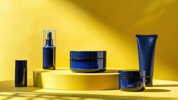 AI generated Navy blue cosmetic packages on a yellow background with shadows, a tube, jar, and bottle on pedestals photo