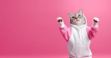 AI generated Fashion-forward cat in sunglasses and hoodie strikes a playful pose on a pink background, with ample space for your text photo